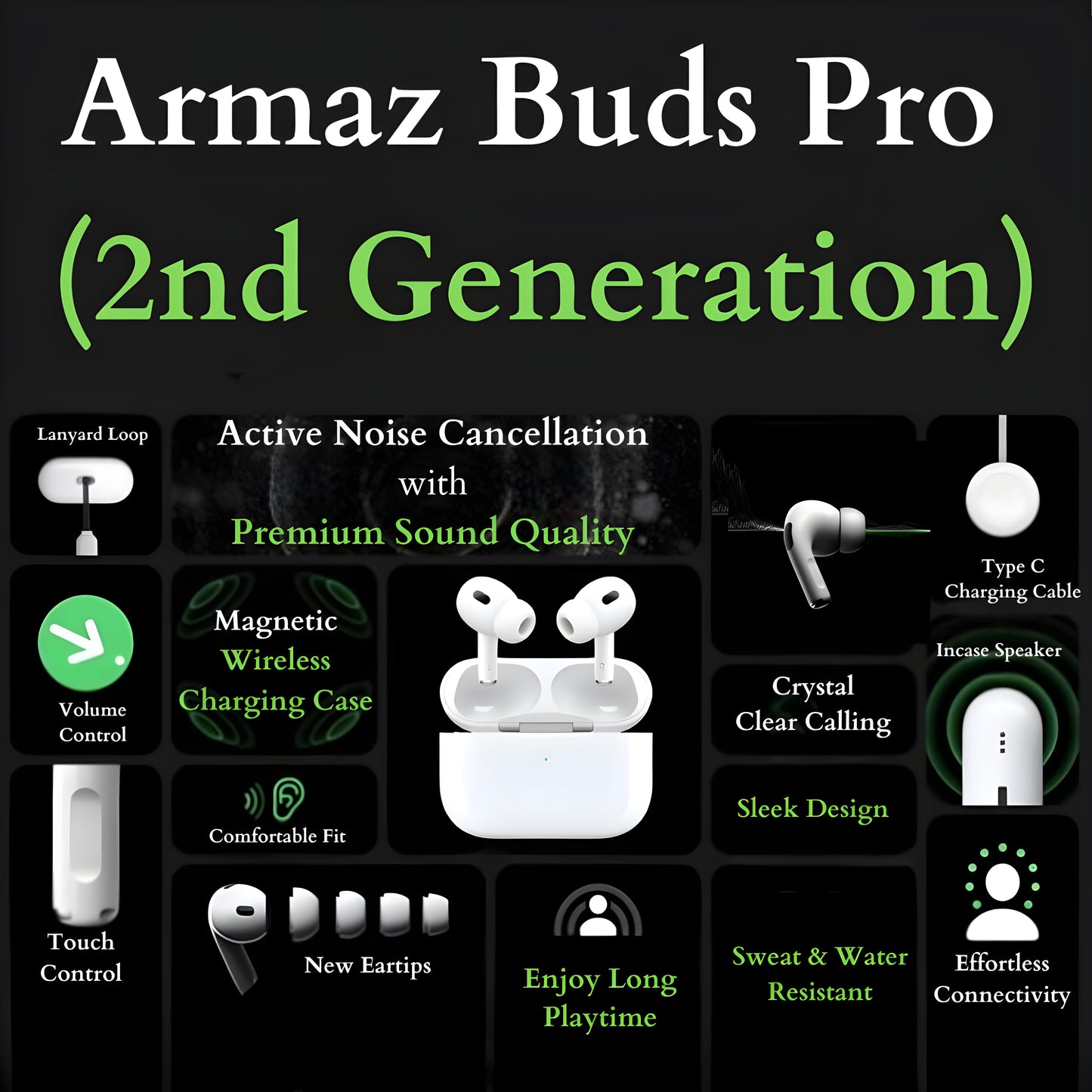 Armaz Buds Pro (2nd Generation) with Active Noise Cancellation & Wireless Charging Case